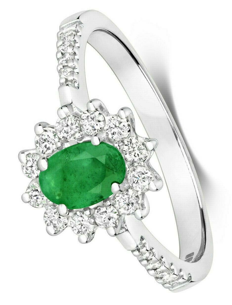 Real Emerald and Diamond Ring 9ct White Gold Oval Cluster Engagement