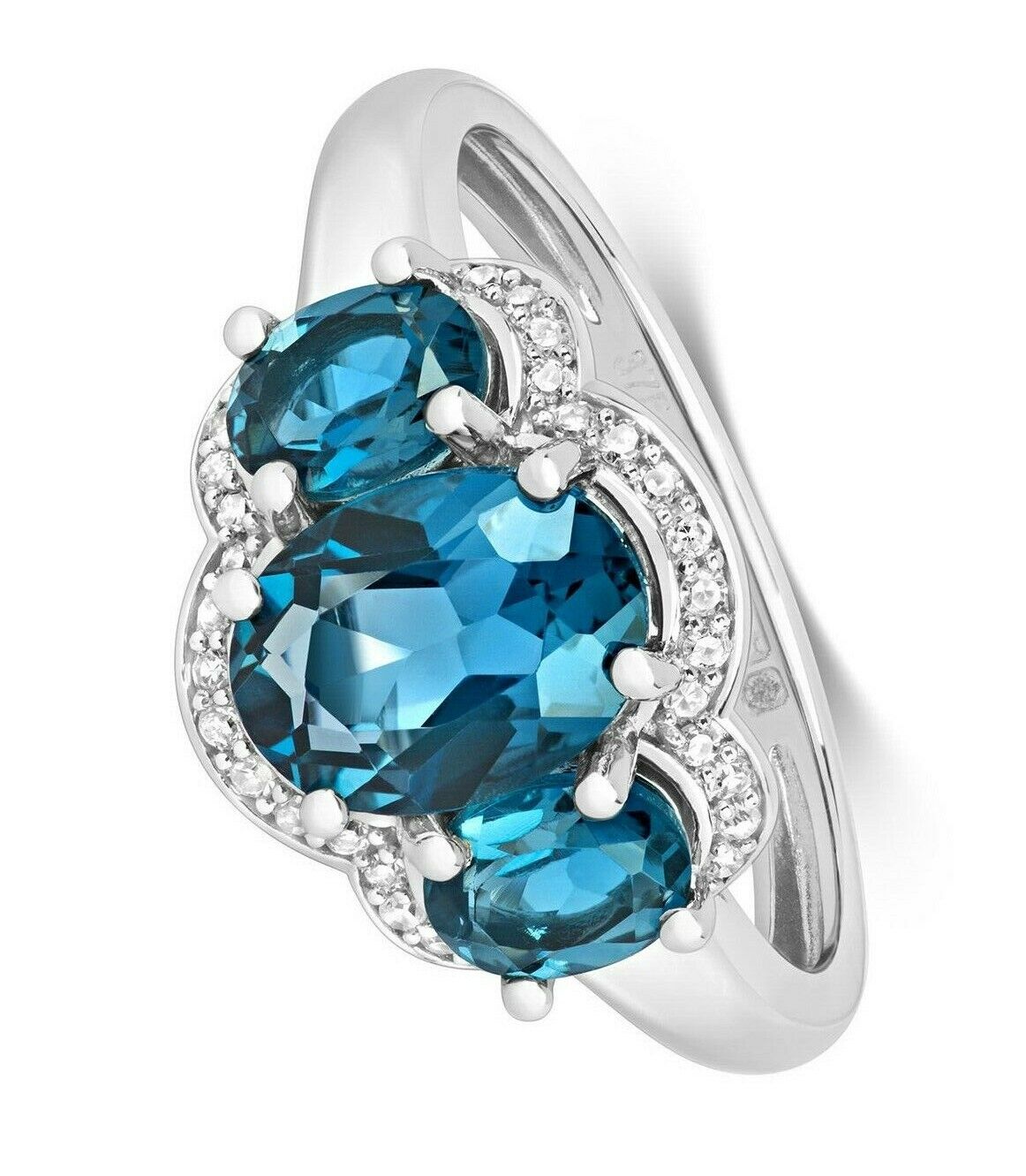 Real London Blue Topaz and Diamond Ring Solid White Gold Three Stone Size J - Q