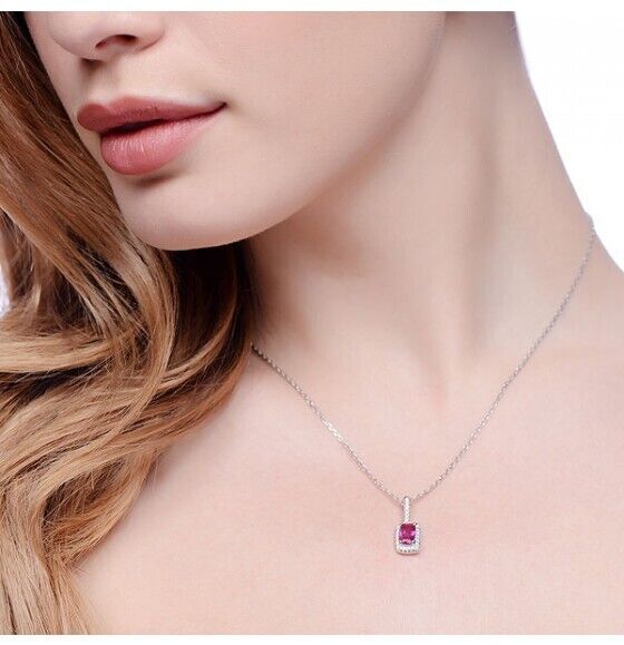 Ruby Rectangular Drop Pendant Sterling Silver 16-18" Chain Luxury Packaging