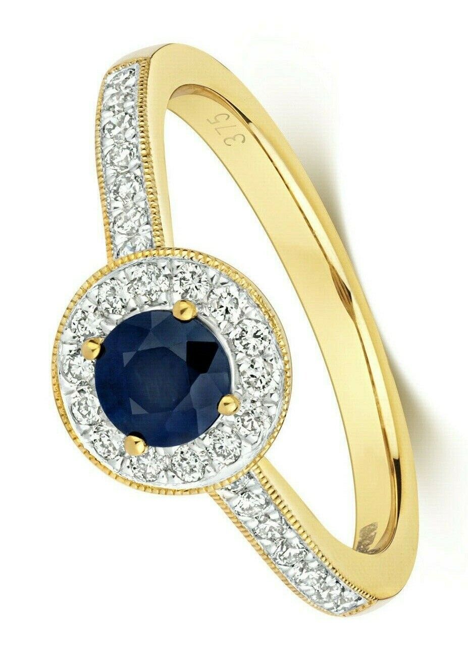 Real Sapphire and Diamond Ring 9ct Yellow Gold Round Cluster Halo Engagement