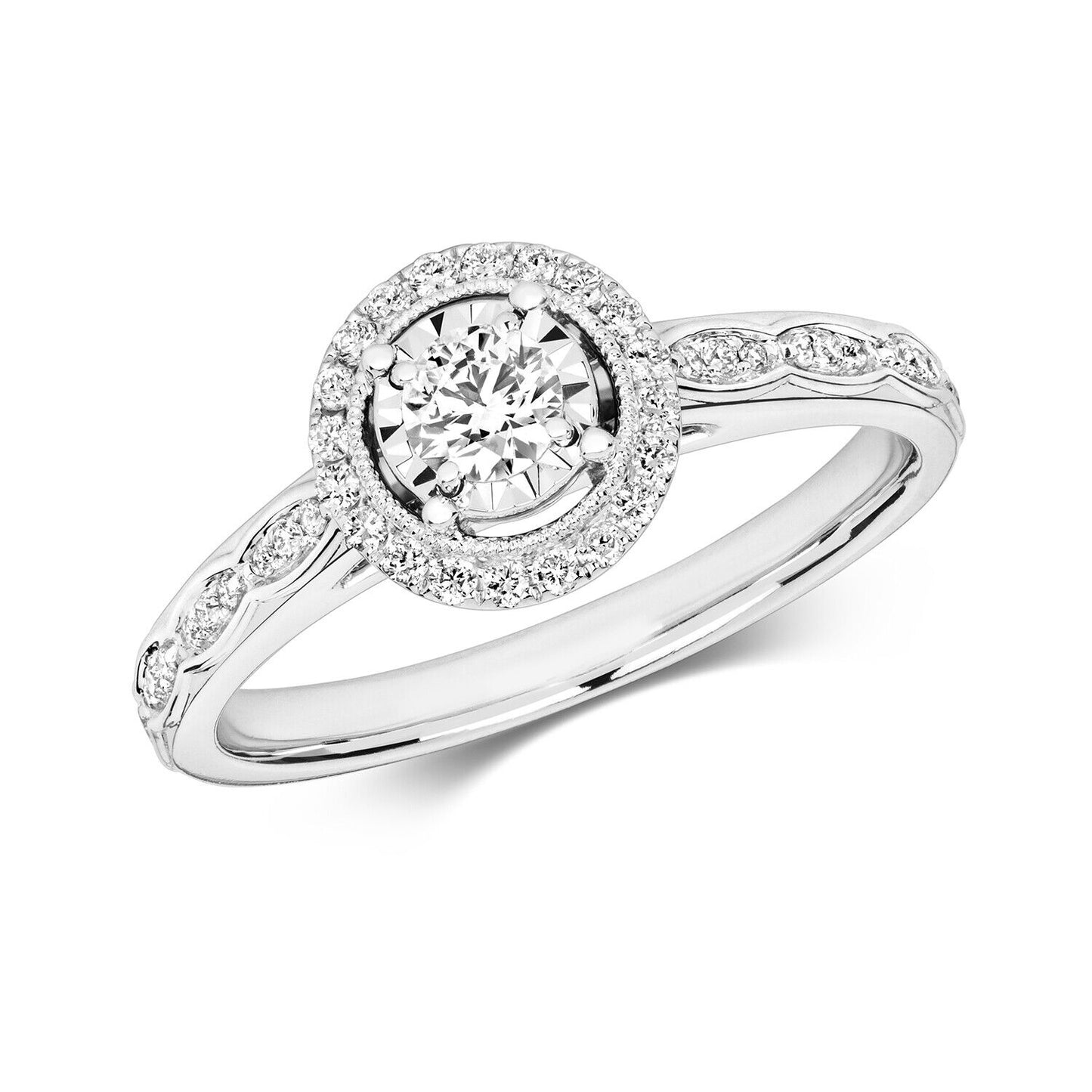 Real Diamond Ring 9ct White Gold Solitaire Cluster 0.35 Carat Weight of Diamonds
