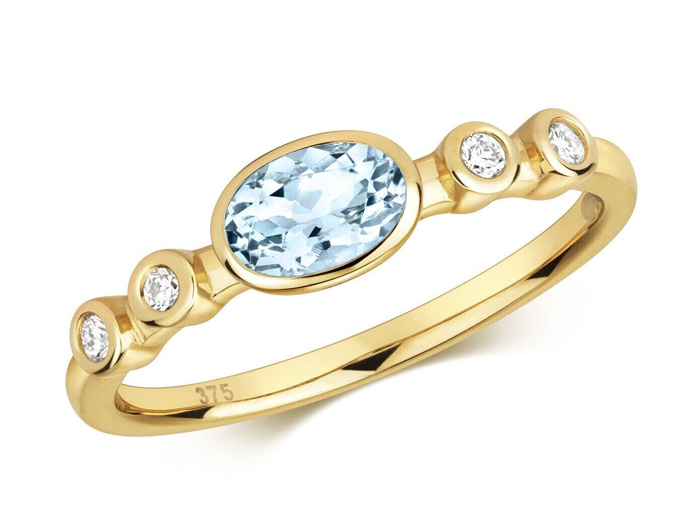 Real Aquamarine Oval Solitaire and Diamond Ring Solid Yellow Gold Size J - Q