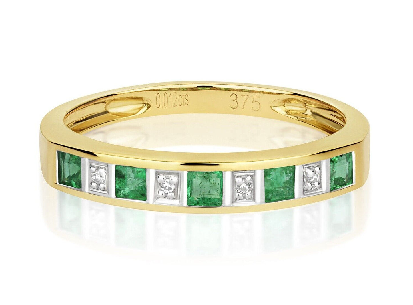 Real Emerald and Diamond Eternity Ring Solid Yellow Gold 3mm Band Size J-Q