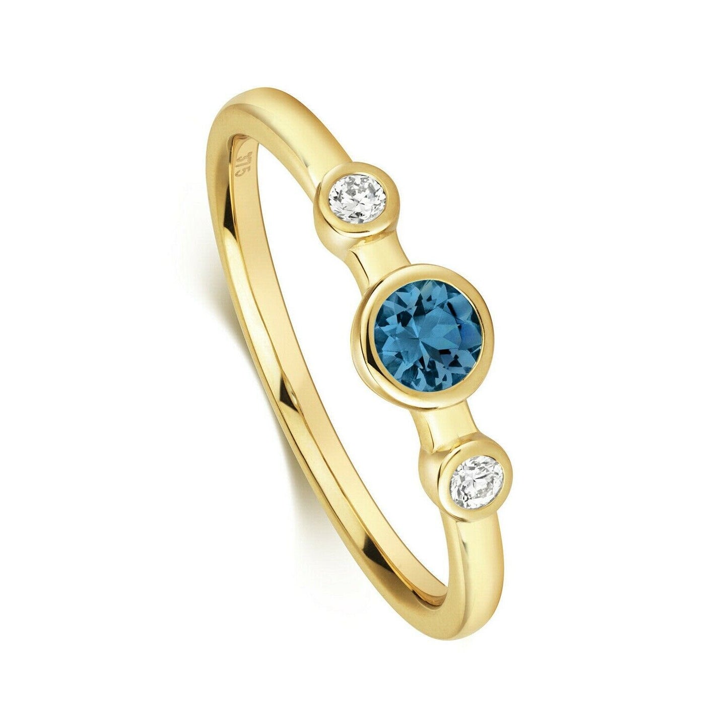 Real London Blue Topaz and Diamond Ring Solid Yellow Gold Three Stone