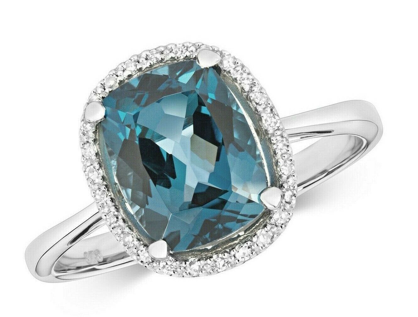 Real London Blue Topaz and Diamond Ring Solid White Gold Cushion Size JKLMNOPQ