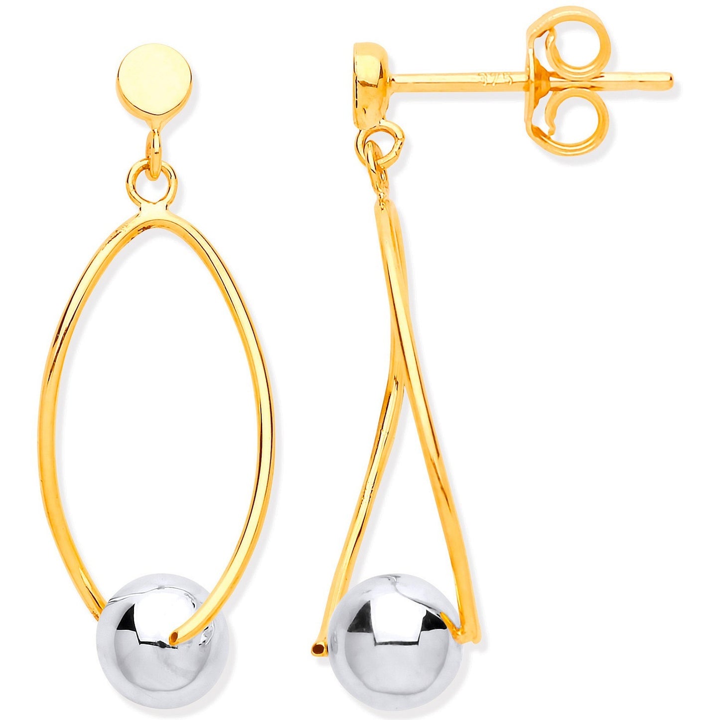 Oval Drop Earrings With Ball 9ct Yellow and White Gold 34mm Drops Hallmarked