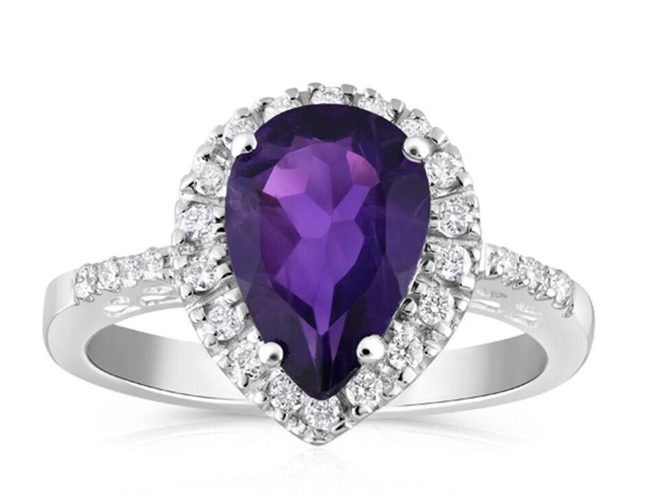 9ct White Gold 0.18ct Diamond and 1.60ct Amethyst Ring Pear Teardrop Size K - Q