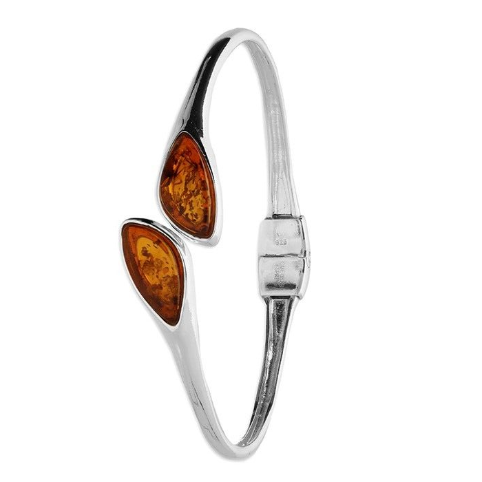 Cognac Amber Sprung Cuff Bangle Abstract Teardrop Solid Sterling Silver Hallmark