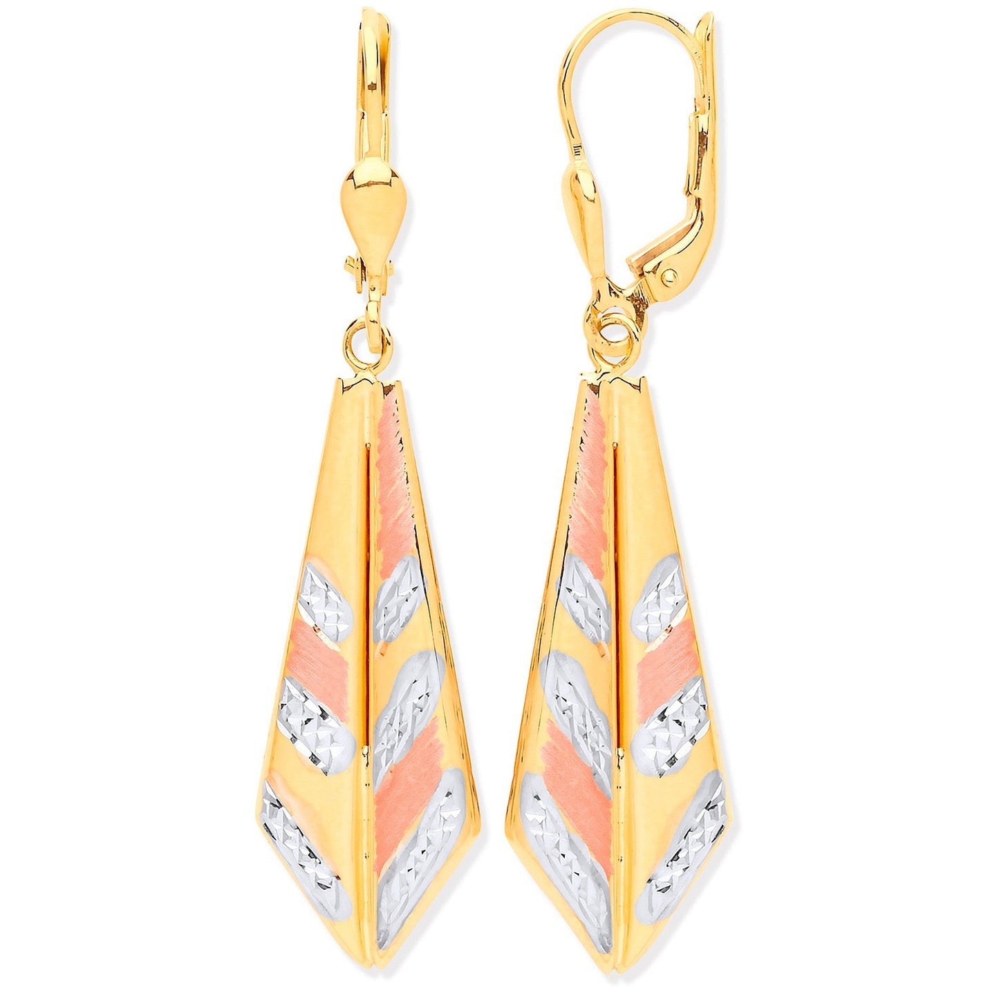 Three Chevron Drop Earrings 9ct Yellow White & Rose Gold 45mm Drops Hallmarked