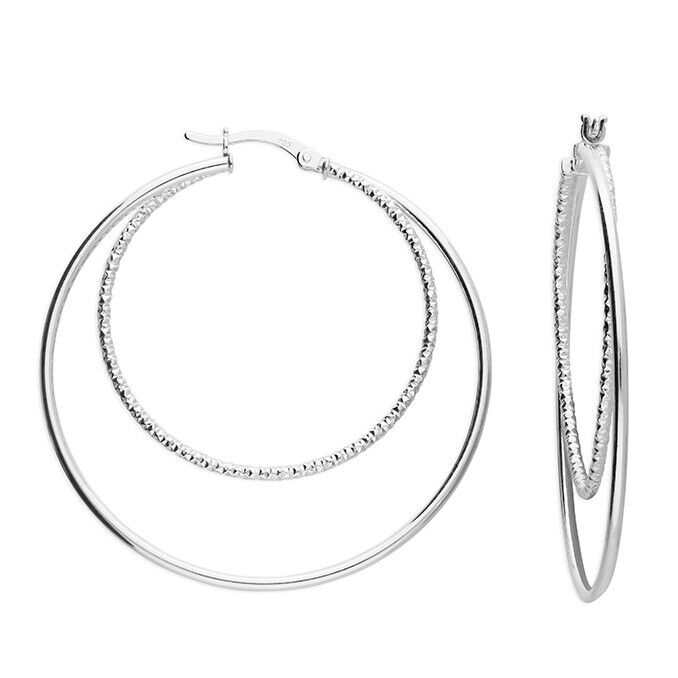 Large Hoop Earrings 45mm Plain & Textured Double Hoop 925 Sterling Silver
