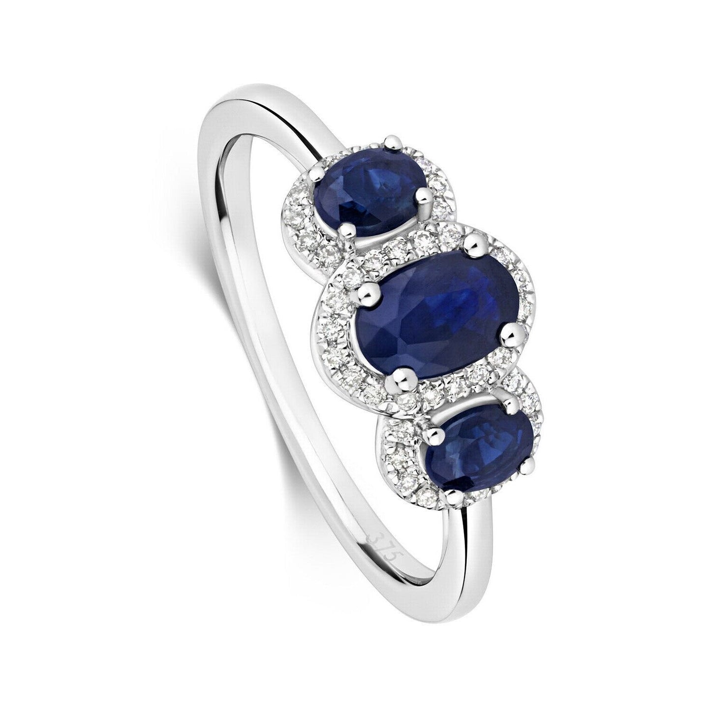 Real Sapphire and Diamond Ring 9ct White Gold Oval Three Stone Trilogy Size J-Q