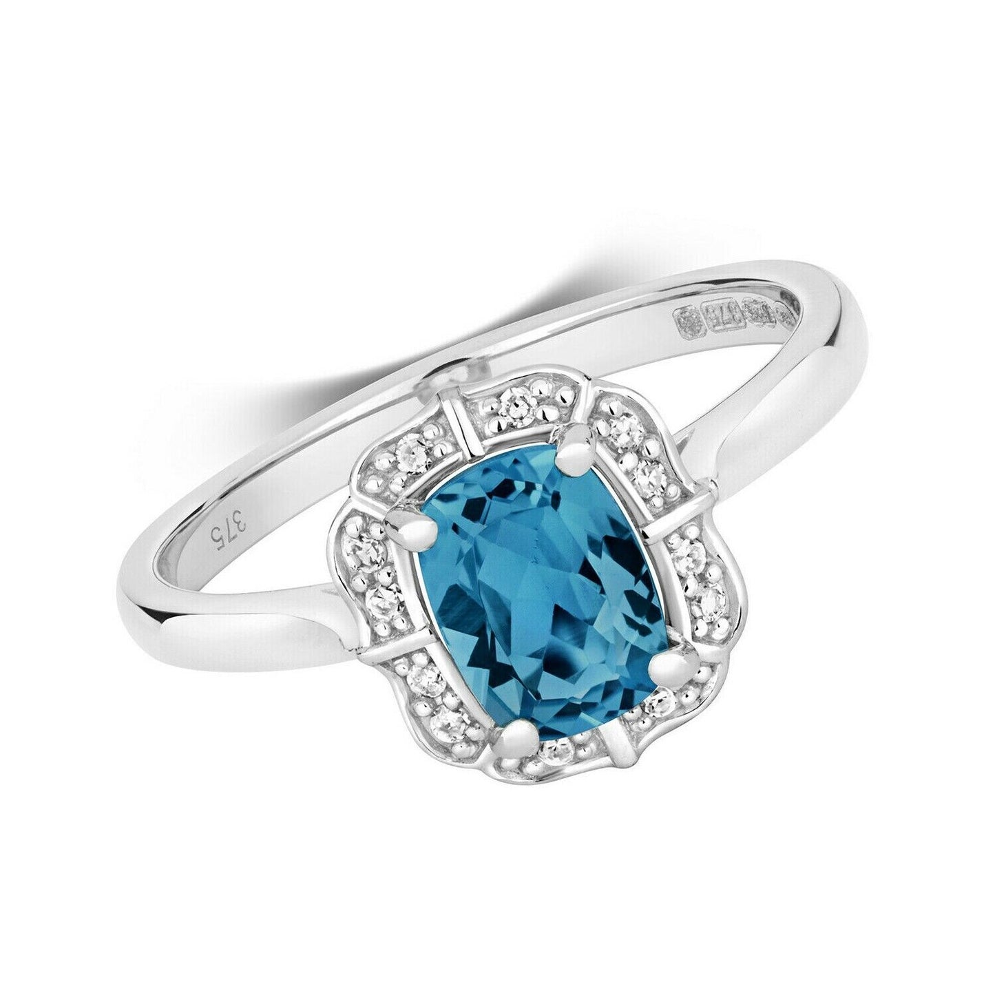Real London Blue Topaz and Diamond Ring Solid White Gold Cushion Size JKLMNOPQ