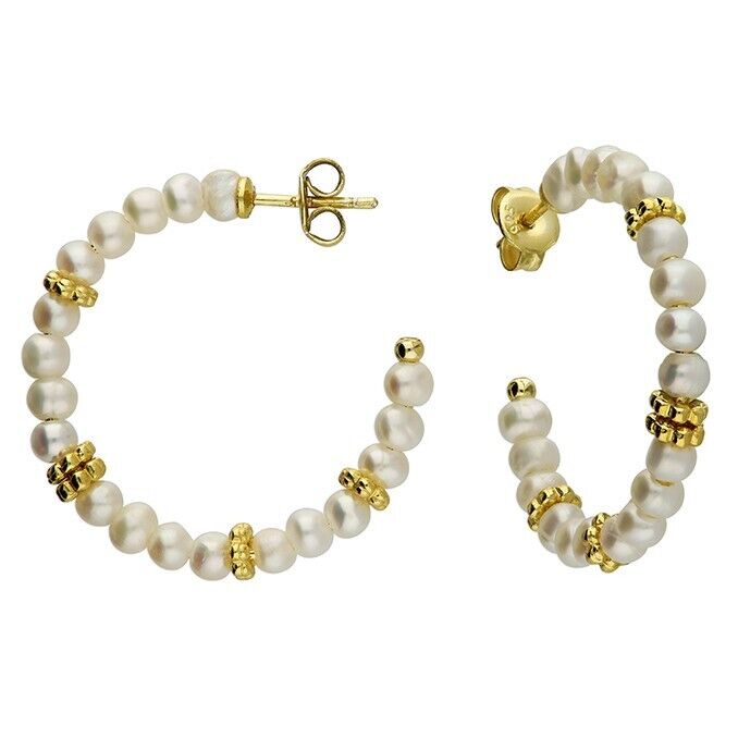 Freshwater Pearl Hoop Earrings 18ct Yellow Gold on Solid Sterling Silver 925