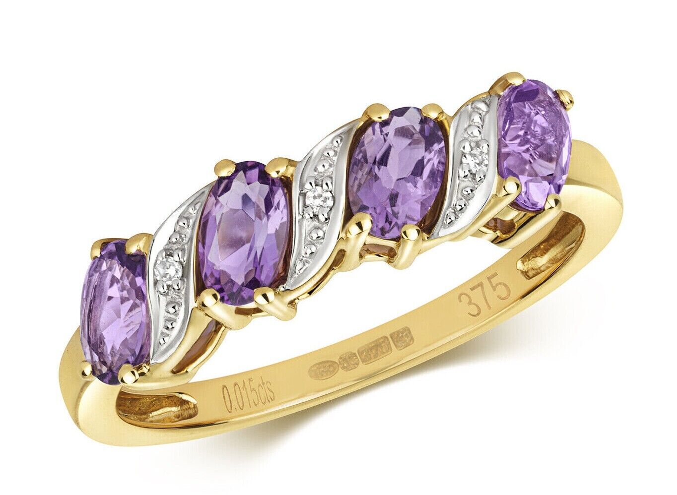 Real Amethyst and Diamond Eternity Ring Solid Yellow Gold Band Size J - Q