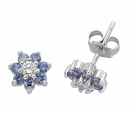 Tanzanite Cluster Stud Earrings Sterling Silver Rhodium Plate 925 Hallmark 8mm