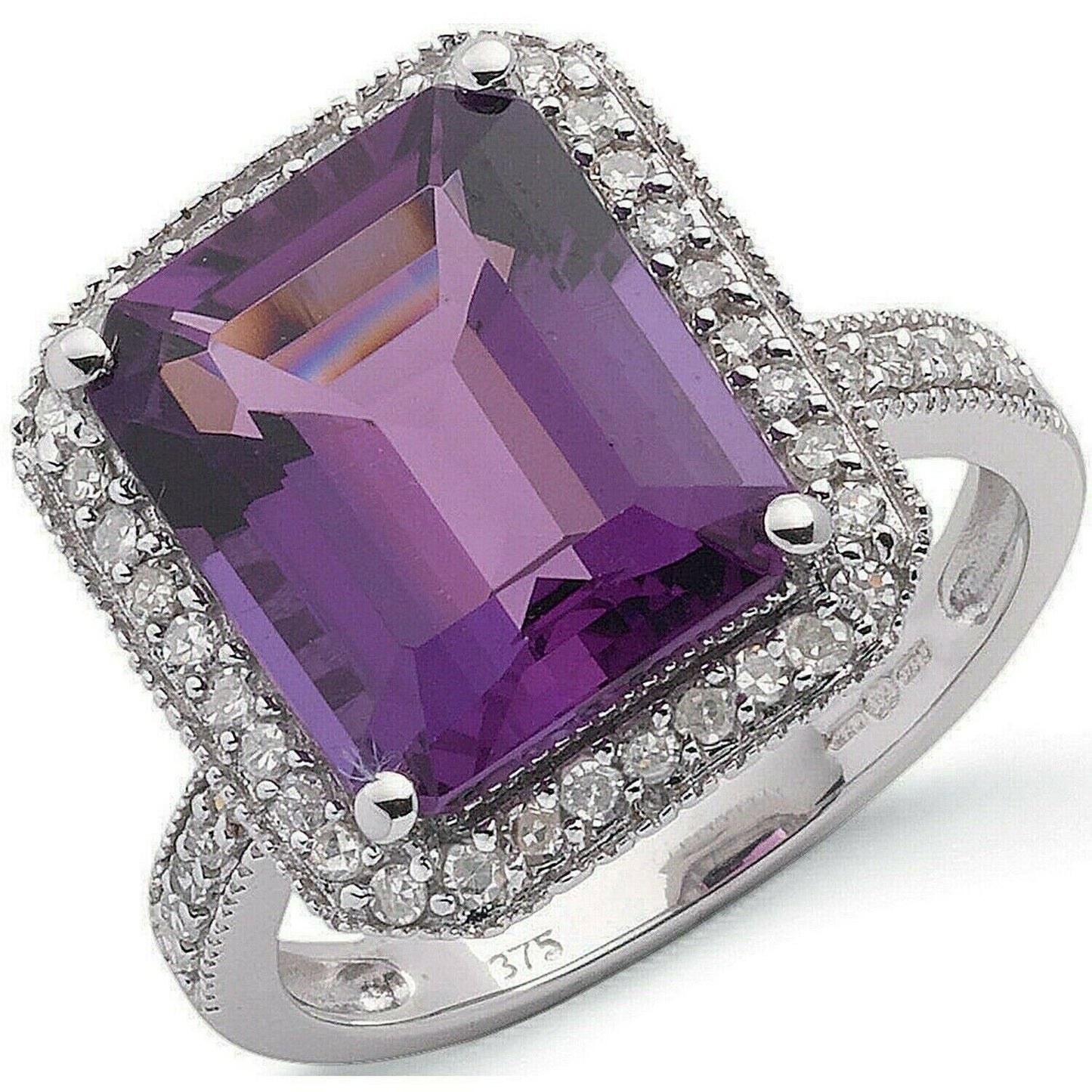 Real Amethyst and Diamond ring 9ct White Gold Cocktail Statement Size K - Q