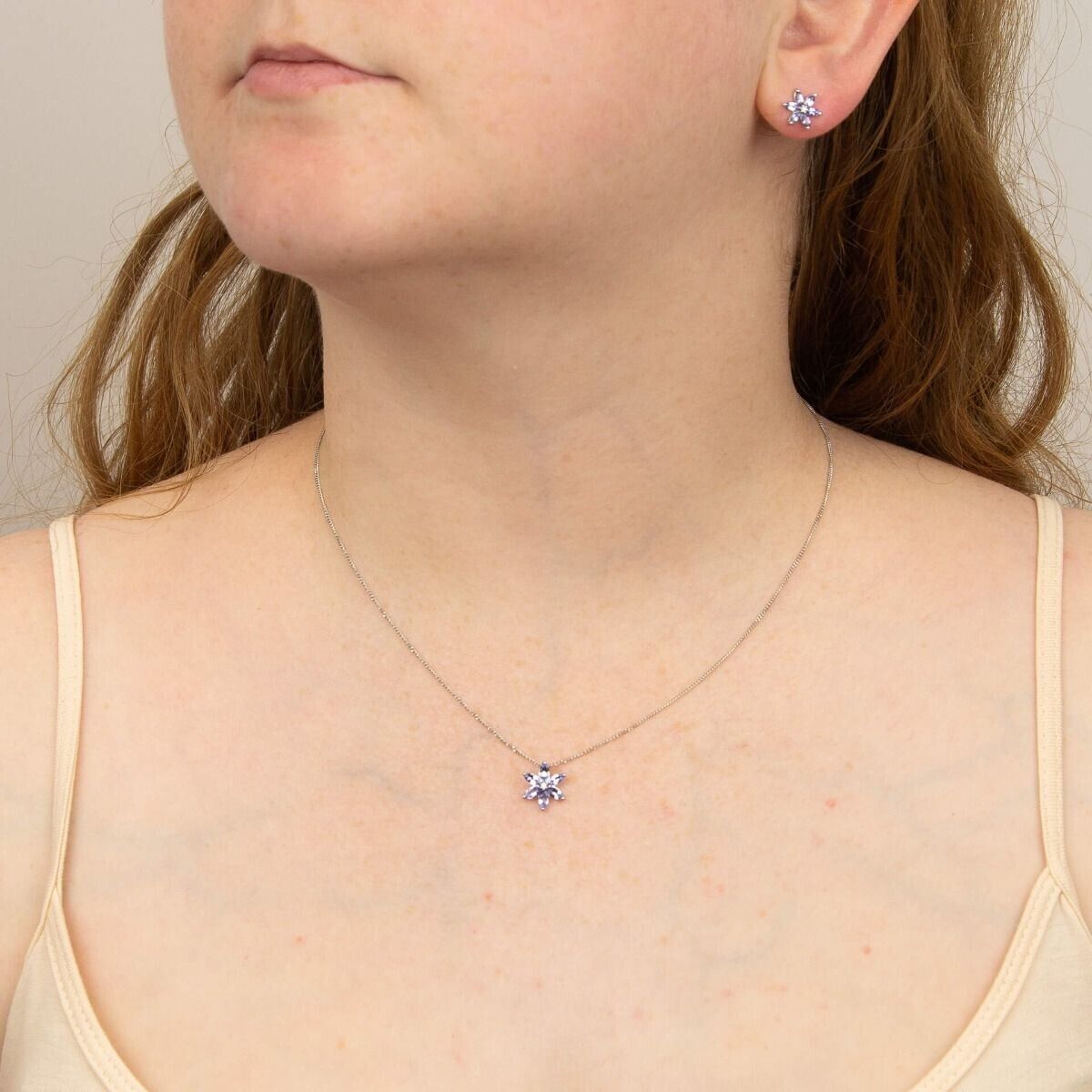 Tanzanite and Diamond Flower Set White Gold Pendant Earrings 16 18 or 20" Chain