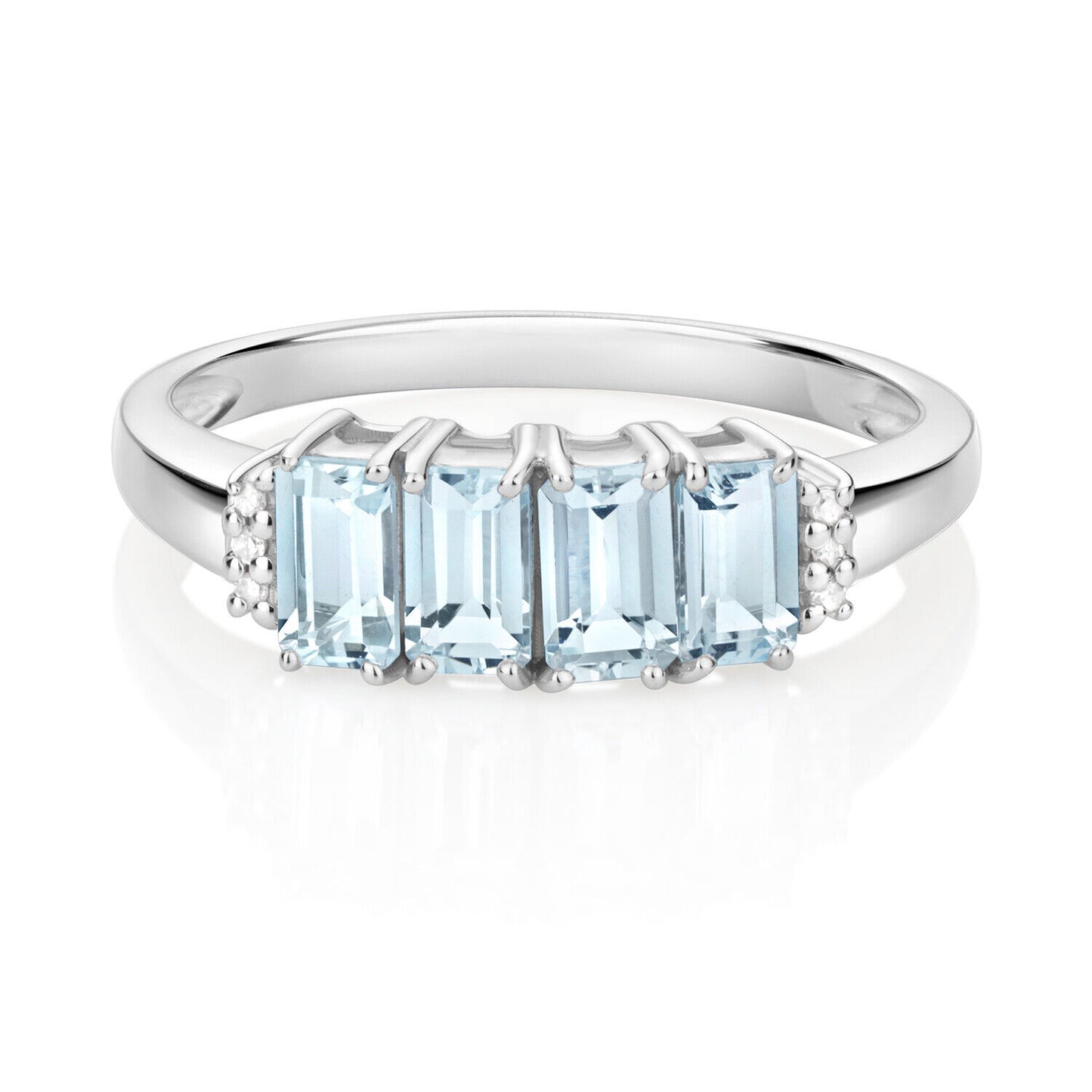 Real Aquamarine and Diamond Ring Solid White Gold Emerald Cut 4 Stone Size J-Q