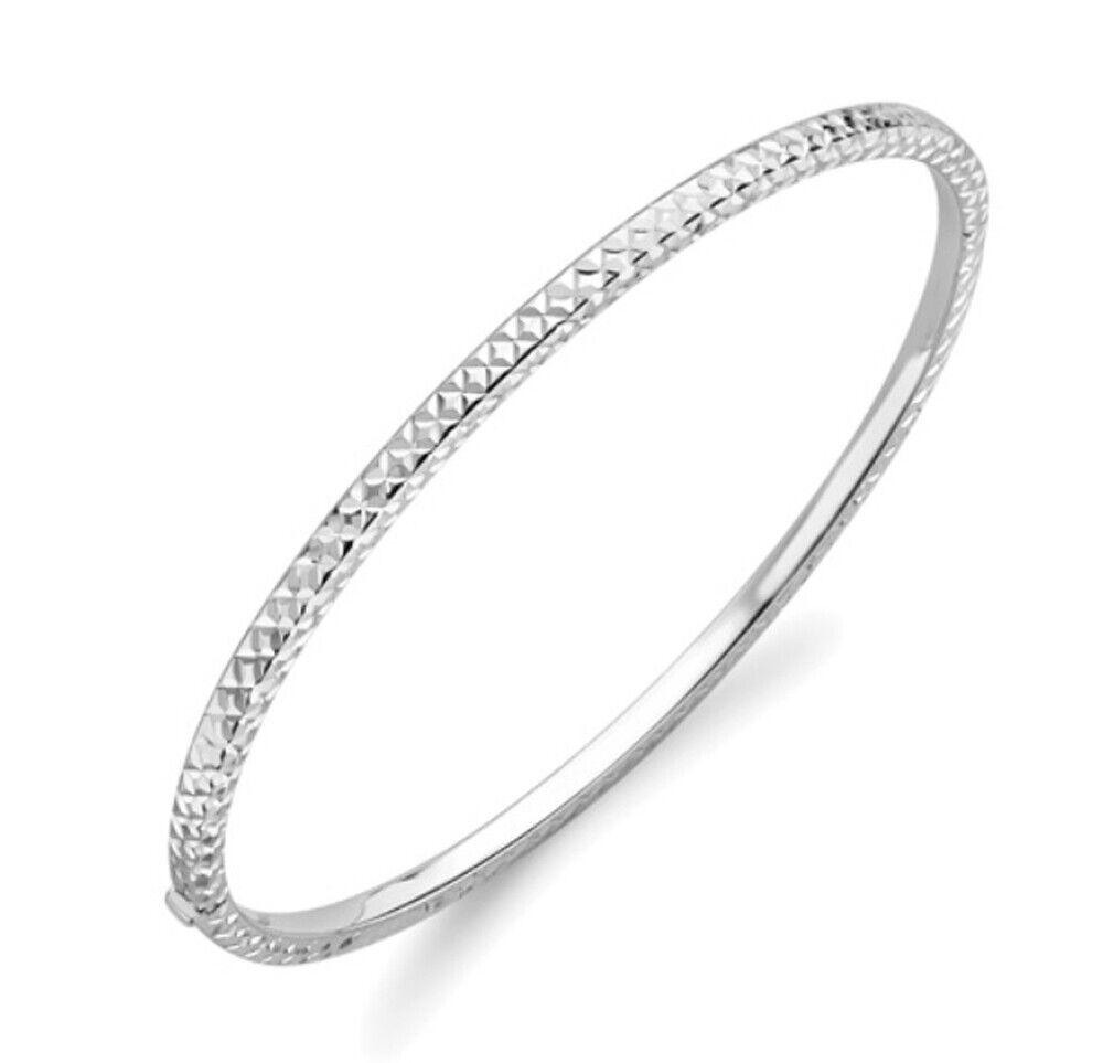 White Gold Hinged Bangle Modern Texture Hallmarked British Made Ladies Bracelet