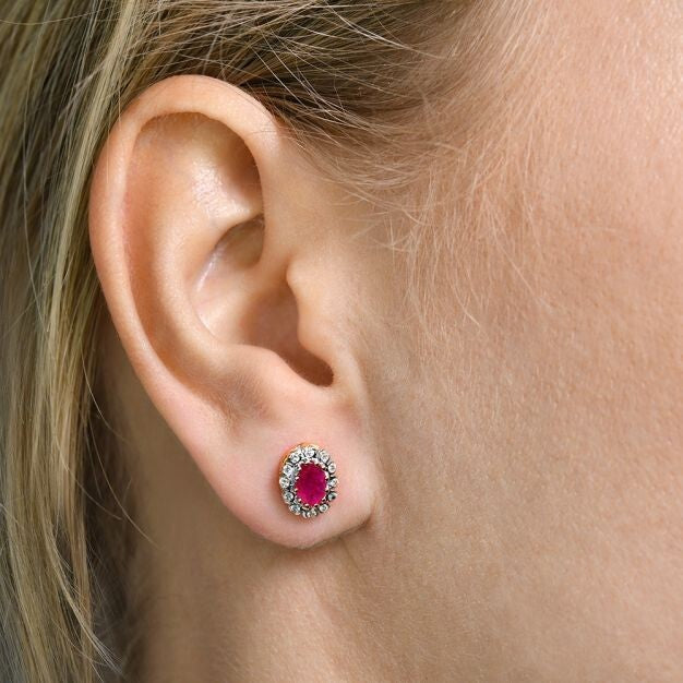 9ct Yellow Gold Ruby and 0.20ct Diamond Oval Stud Earrings 10 x 7.6mm