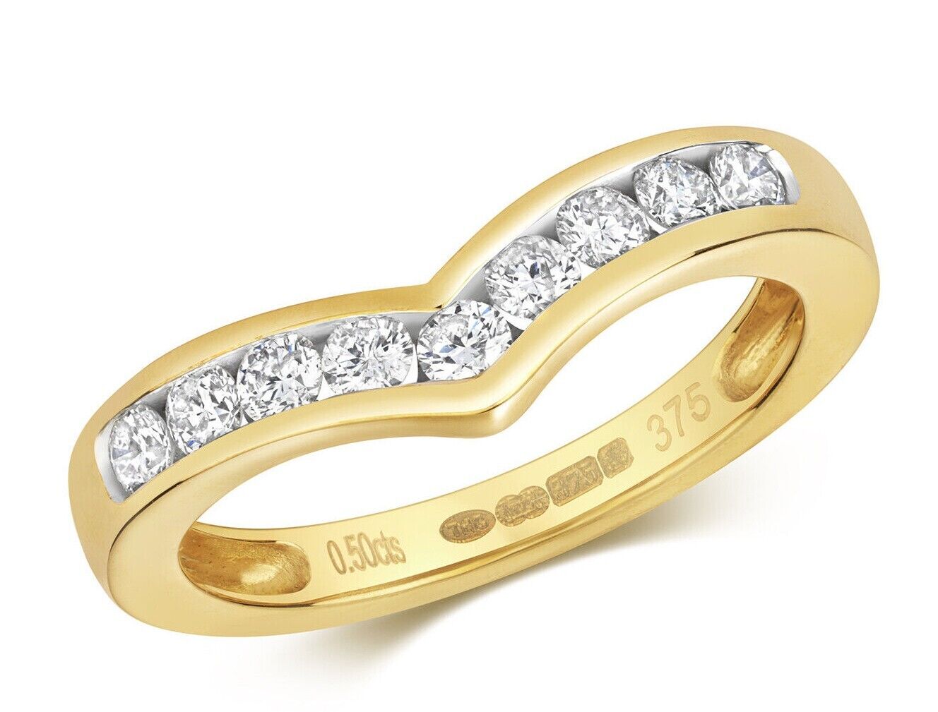 Real Diamond Wishbone Ring 9ct Yellow Gold 0.50ctw Eternity Anniversary Band