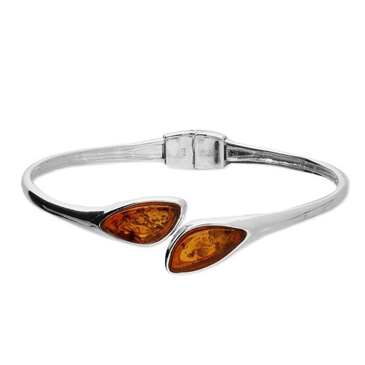 Cognac Amber Sprung Cuff Bangle Abstract Teardrop Solid Sterling Silver Hallmark