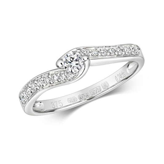 Real Diamond Twist Solitaire Ring 9ct White Gold Engagement Size J - Q