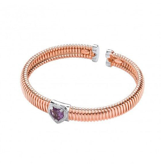 Rose Gold Amethyst Heart Bangle on Solid Sterling Silver Luxurious Packaging