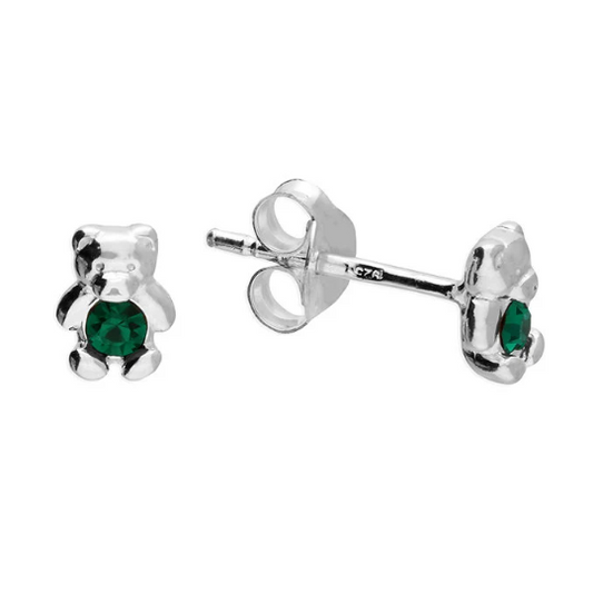 Teddy Bear Stud Earrings May Birthstone Crystal 925 Solid Sterling Silver