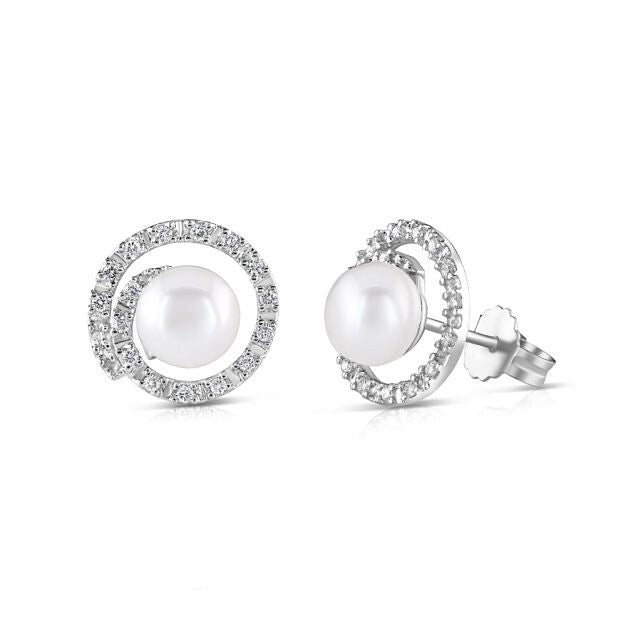 Freshwater Pearl and Diamond Stud Earrings 9ct White Gold 12mm Diameter Hallmark