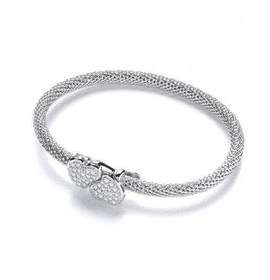 Popcorn Double Heart Bangle Solid Sterling Silver Luxurious Packaging