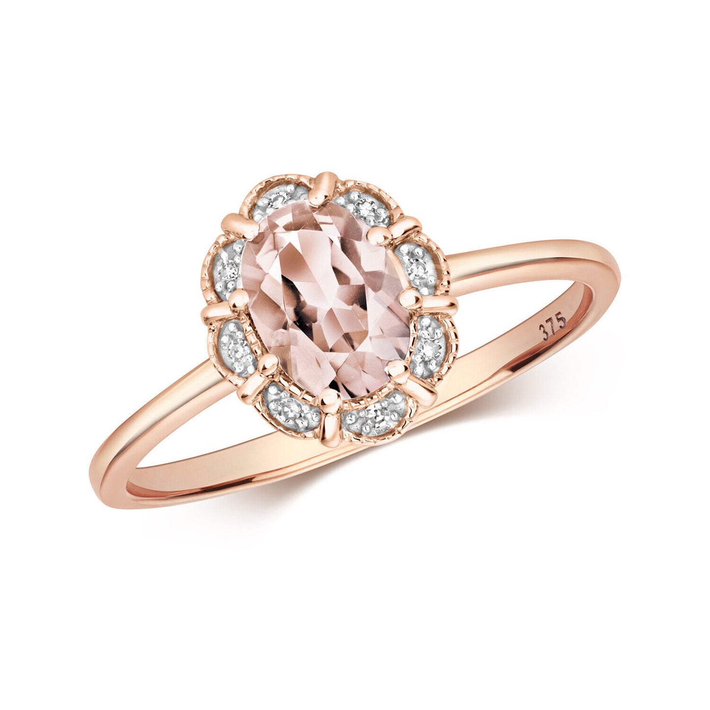 Real Morganite and Diamond Ring Solid Rose Gold Oval Cluster Engagement Size J-Q