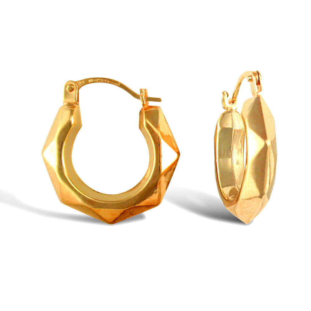 9ct Yellow Gold Creole Style Hoop Earrings British Made Hallmarked 16mm