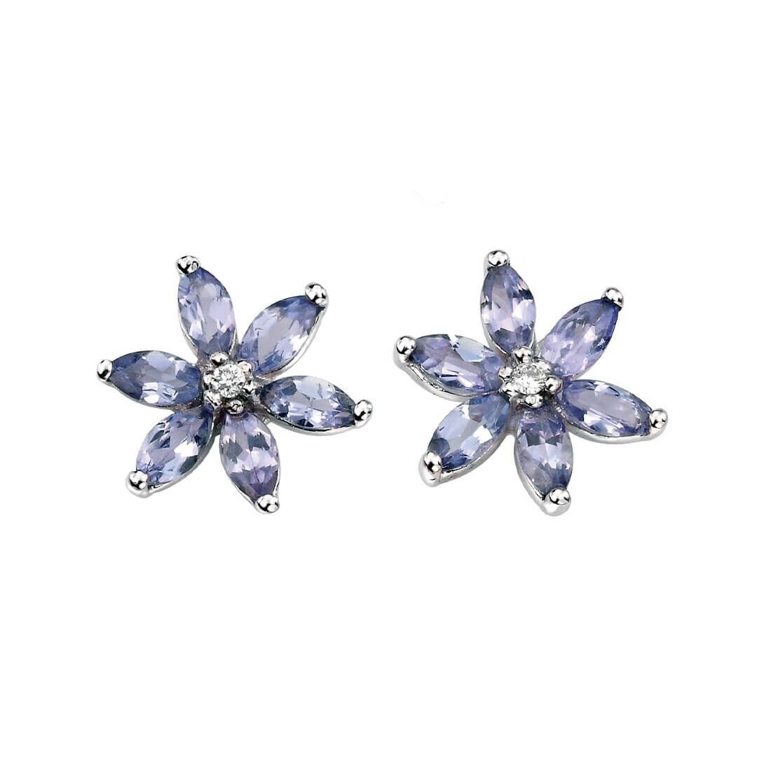 Tanzanite and Diamond Flower Set White Gold Pendant Earrings 16 18 or 20" Chain