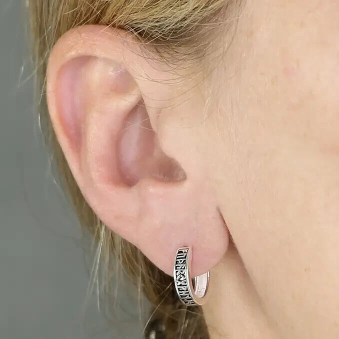Men's Oxidised Ethnic Rune Huggie Earring Single Earring 925 Hallmark