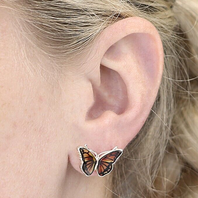 Striking Amber Butterfly Stud Earrings Solid Sterling Silver 925