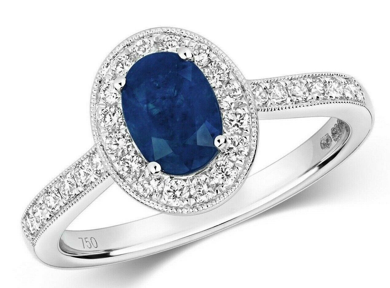 Real Sapphire and Diamond Ring 18ct White Gold Oval Halo Cluster