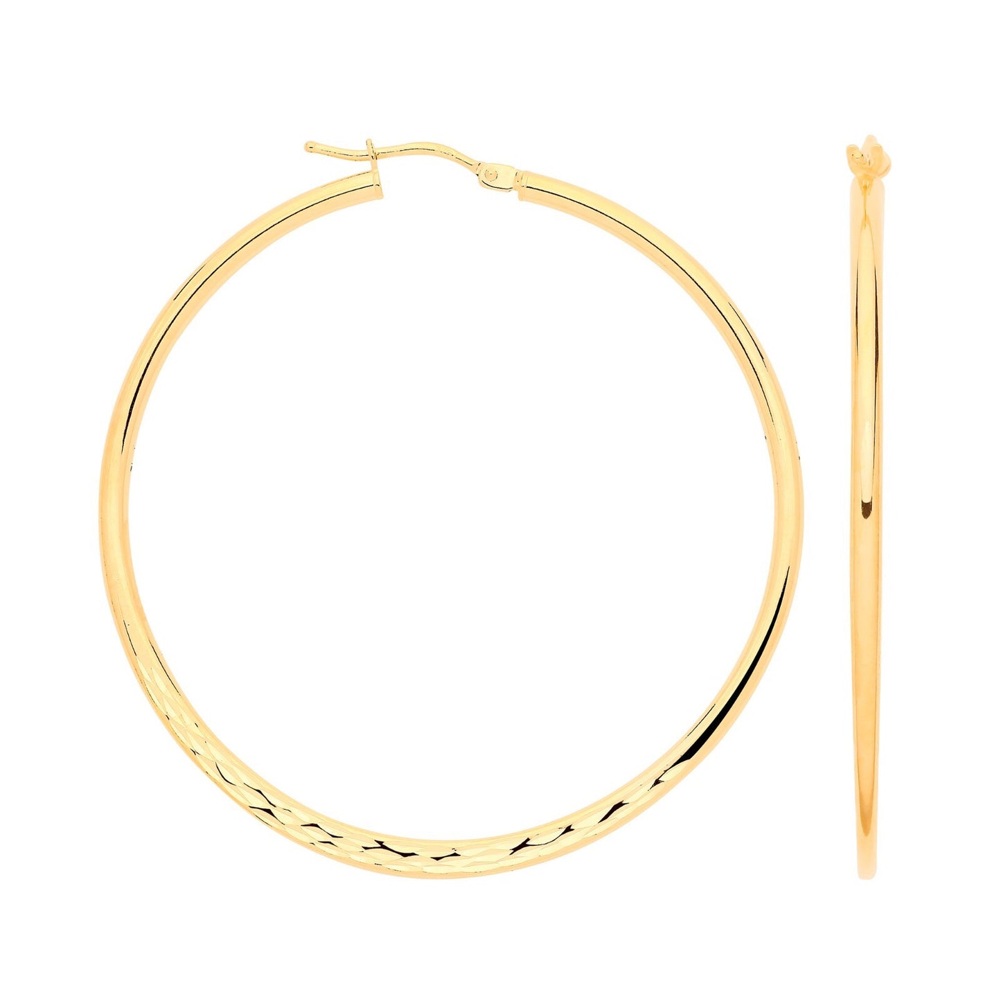 Yellow Gold Large Hoop Earrings Diamond Cut and Plain 40mm Hoops Hallmarked