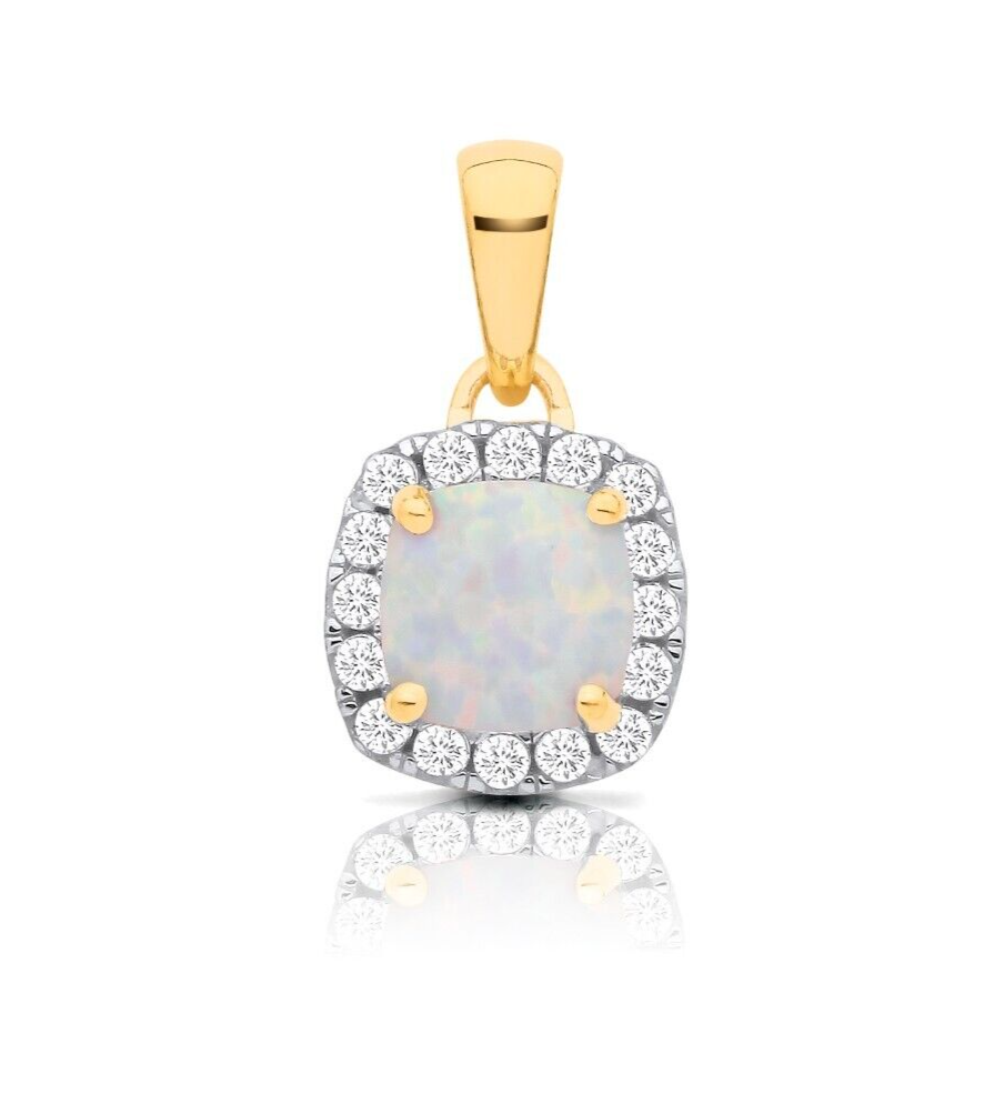 Opal Cushion Cluster Pendant Solid 9ct Yellow Gold 18" Chain Hallmarked