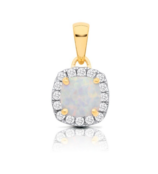 Opal Cushion Cluster Pendant Solid 9ct Yellow Gold 18" Chain Hallmarked