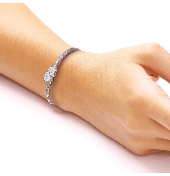 Popcorn Double Heart Bangle Solid Sterling Silver Luxurious Packaging