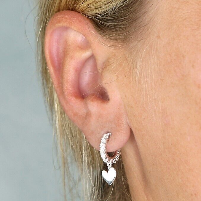 Heart Charm Simulated Diamond Hoop Earrings Solid .925 Sterling Silver Handmade
