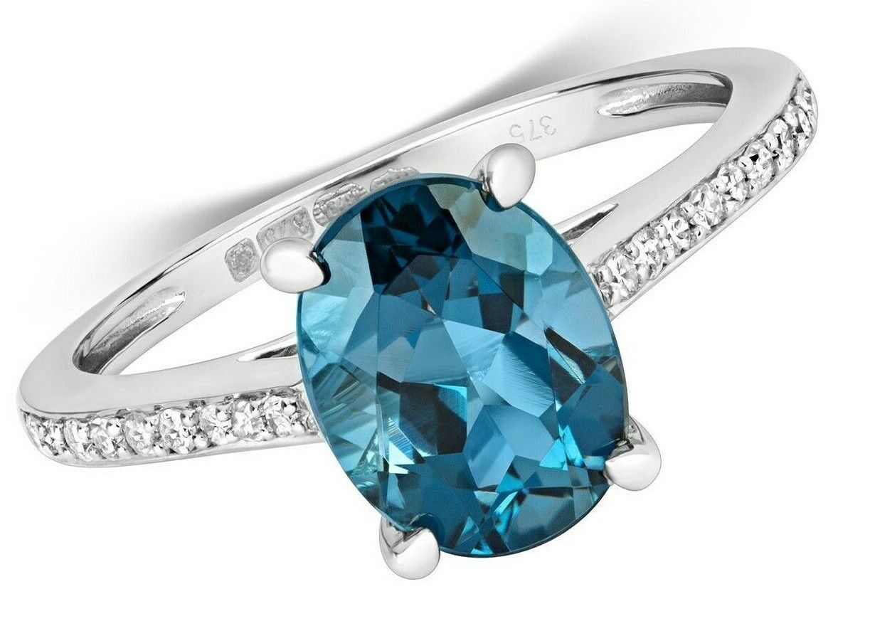 Real London Blue Topaz and Diamond Ring Solid White Gold Solitaire Size JKLMNOPQ