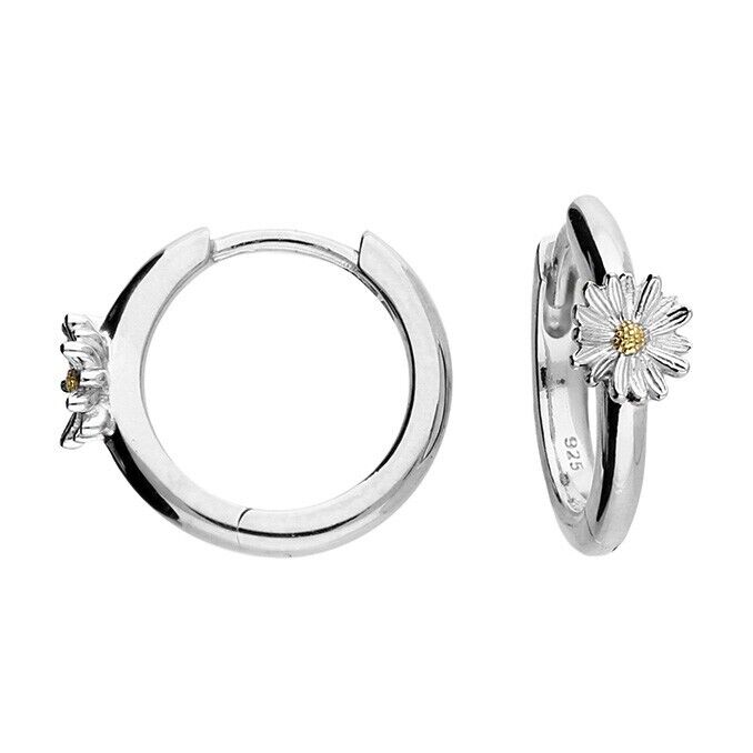 Daisy Flower Hoop Huggie Earrings 14mm Solid .925 Sterling Silver Handmade