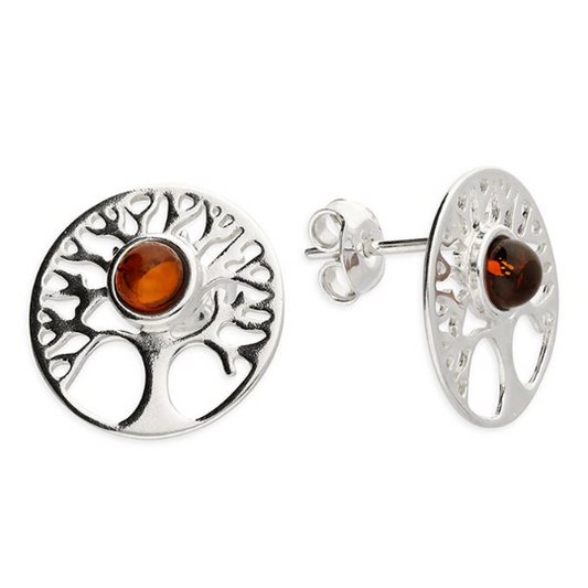 Natural Amber Tree of Life Stud Earrings Solid Sterling Silver 925 Hallmark