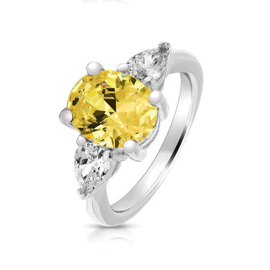 Sterling Silver Trilogy Ring 10x8mm Yellow Oval Gemstone 6x4mm Pear Shoulders