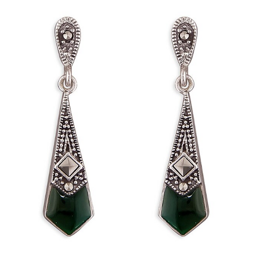 Marcasite and Green Agate Drop Stud Earrings Art Deco 925 Sterling Silver