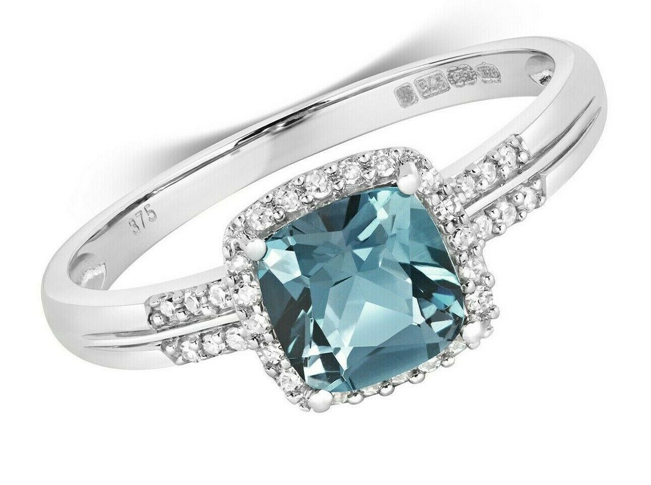 Real London Blue Topaz and Diamond Ring Solid White Gold Size J - Q