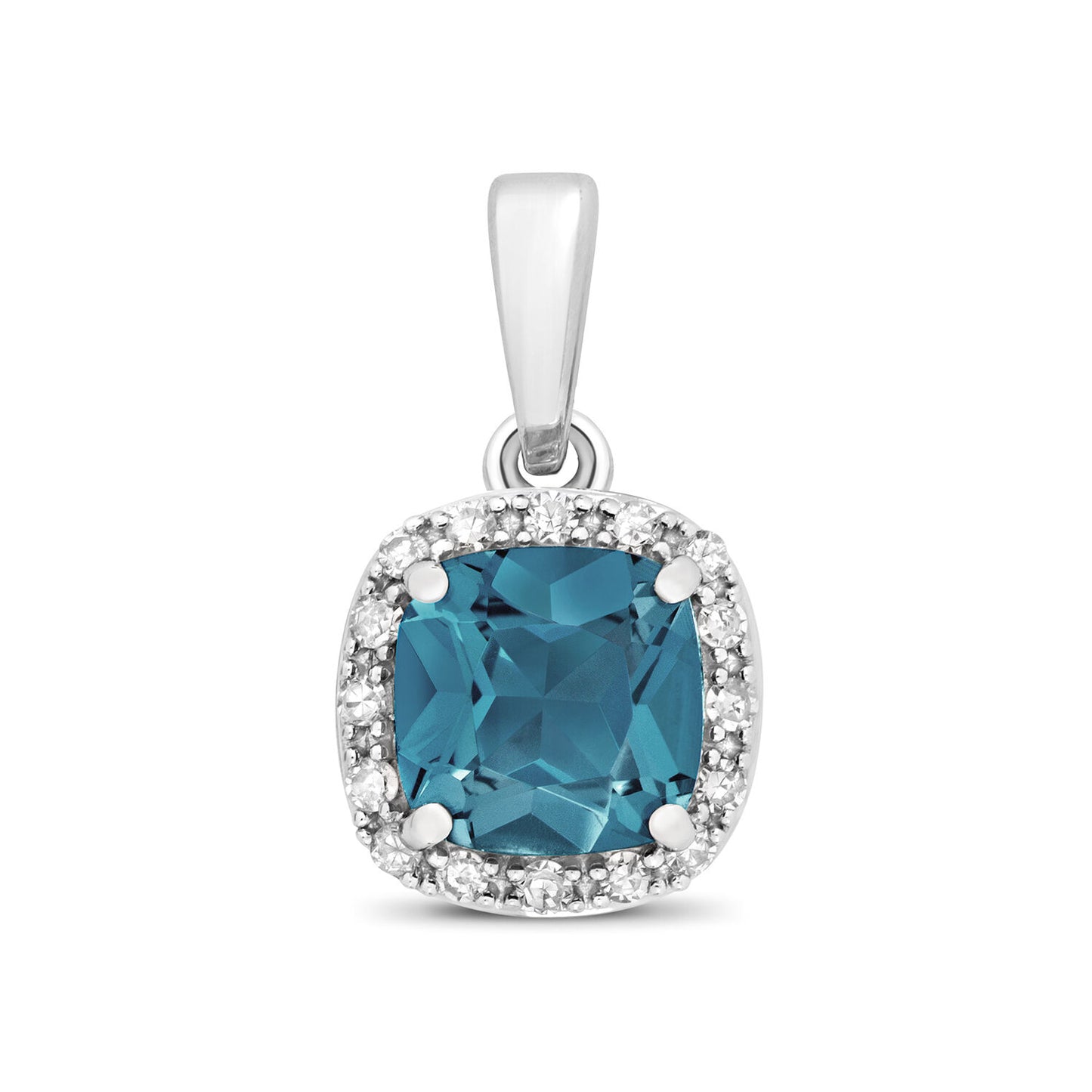 London Blue Topaz and Diamond Pendant 9ct White Gold Cushion Square Necklace