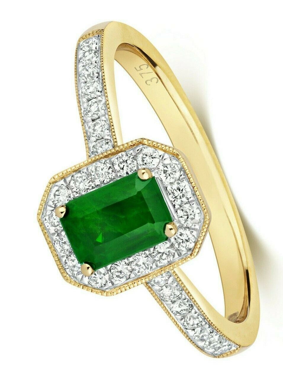 Real Emerald and Diamond Ring 9ct Yellow Gold Octagon Cluster Size J-Q